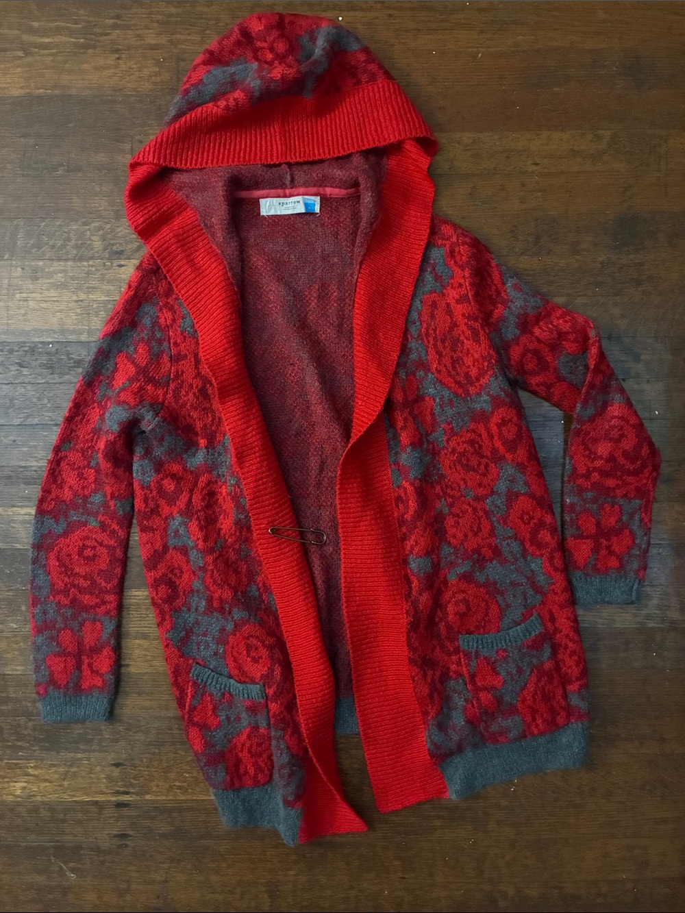 Anthropologie Sparrow Maraschino Red Floral Wool Hooded Cardigan - Picture 8 of 8